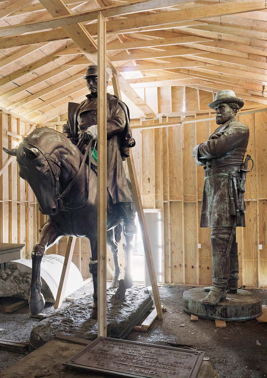 Monuments of Robert E. Lee and P.G.T. Beauregard, in storage in New Orleans, Louisiana. 