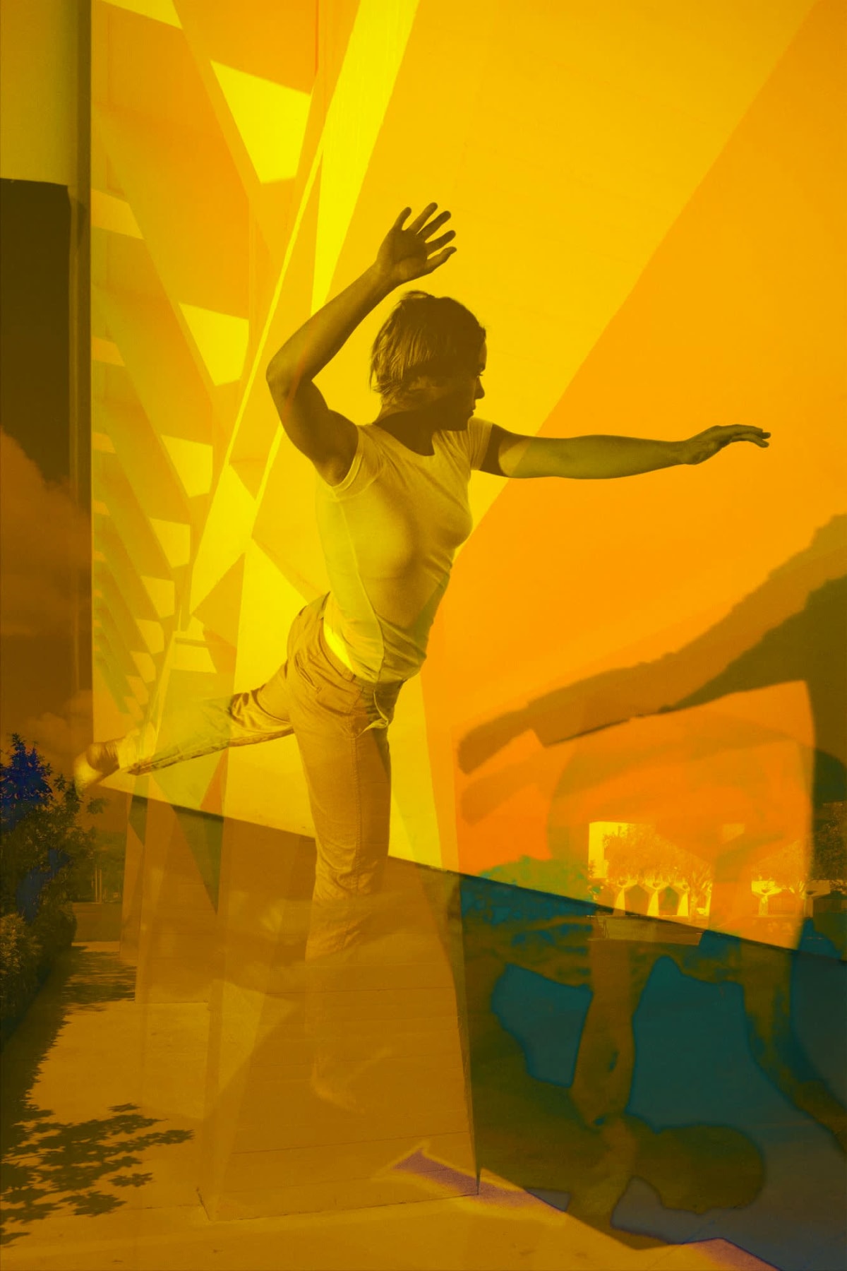 Orange and teal collage of one prominent figure with figurative and architectural elements. 